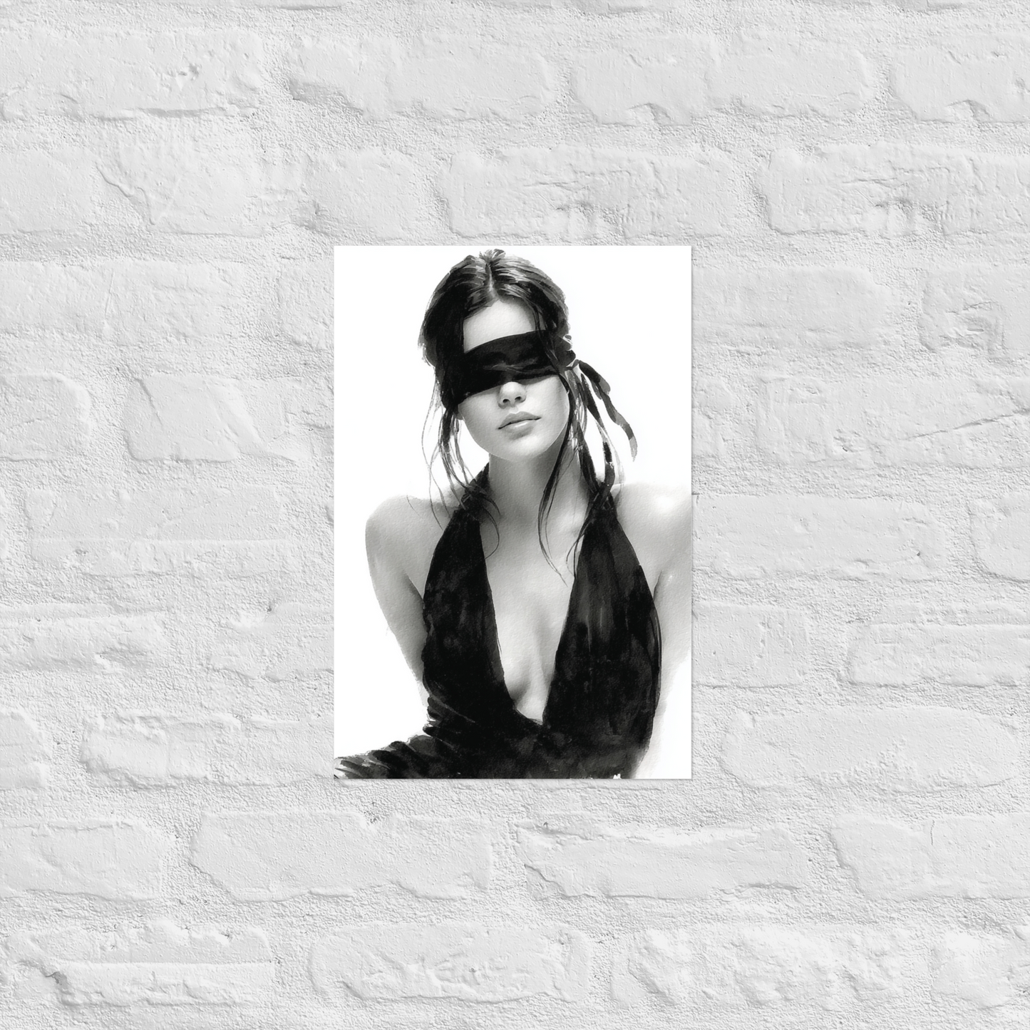 Silk & Shadows – Elegant Blindfold Fashion Sketch Poster