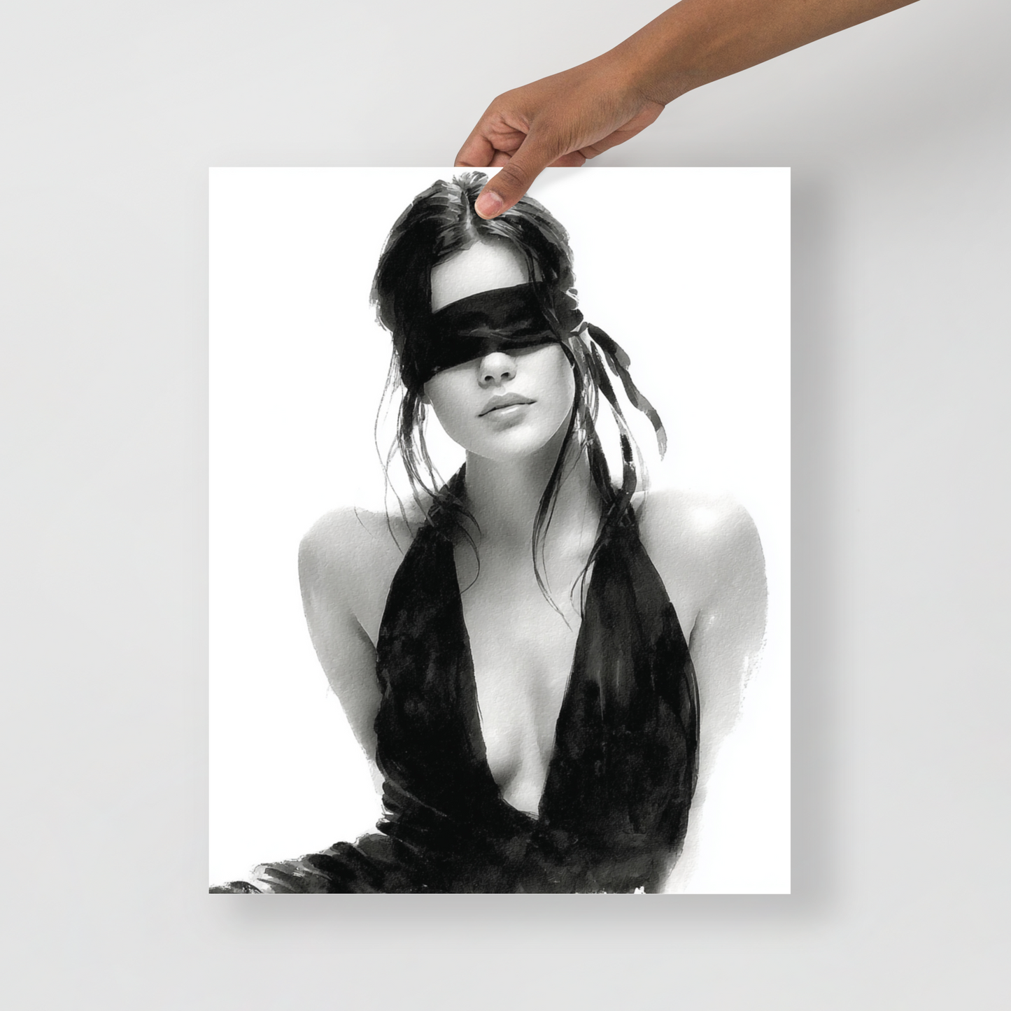 Silk & Shadows – Elegant Blindfold Fashion Sketch Poster
