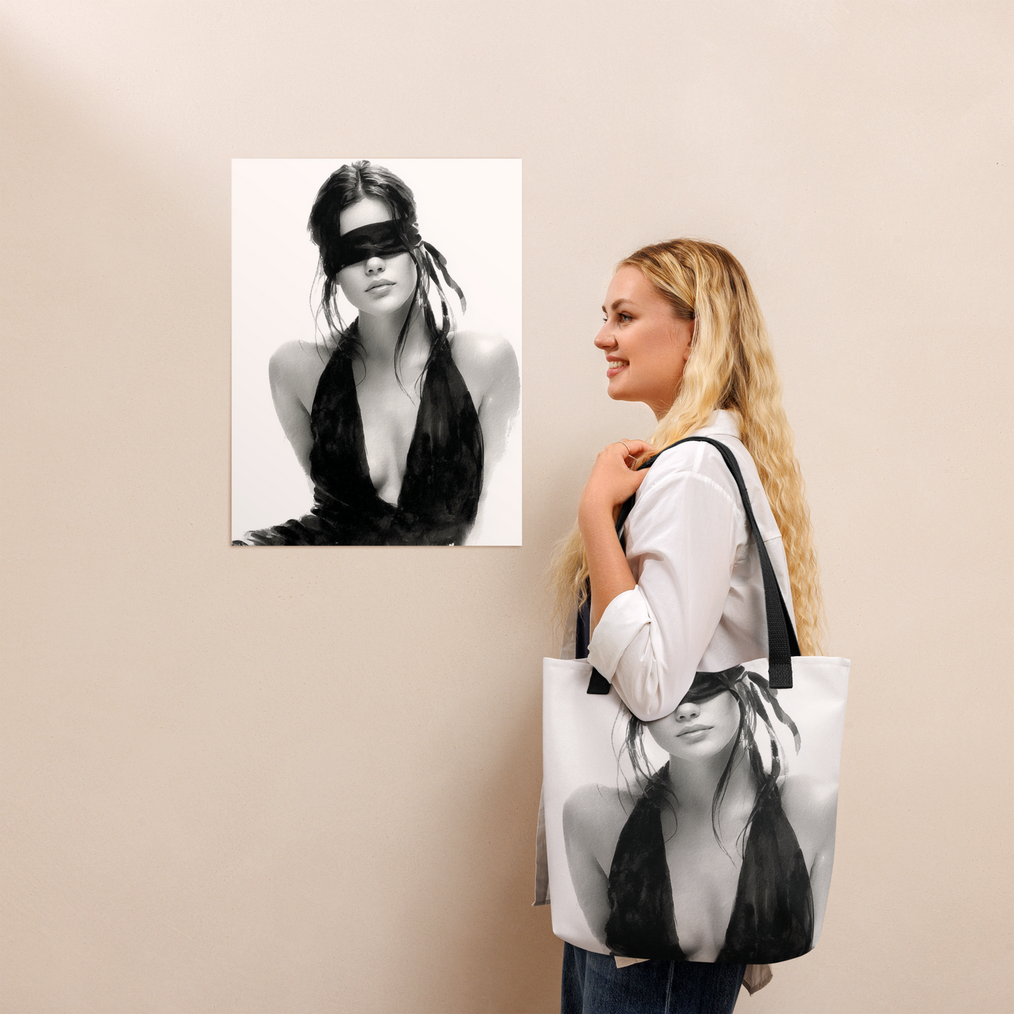 Silk & Shadows – Elegant Blindfold Fashion Sketch Poster