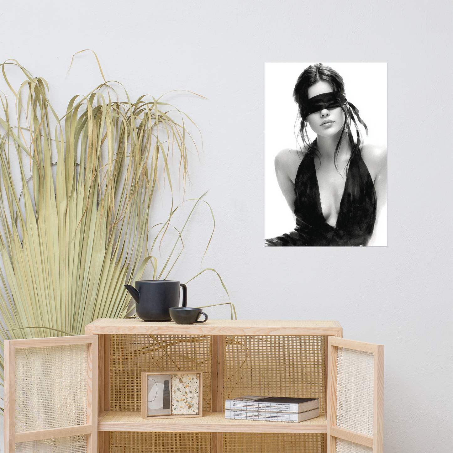 Silk & Shadows – Elegant Blindfold Fashion Sketch Poster