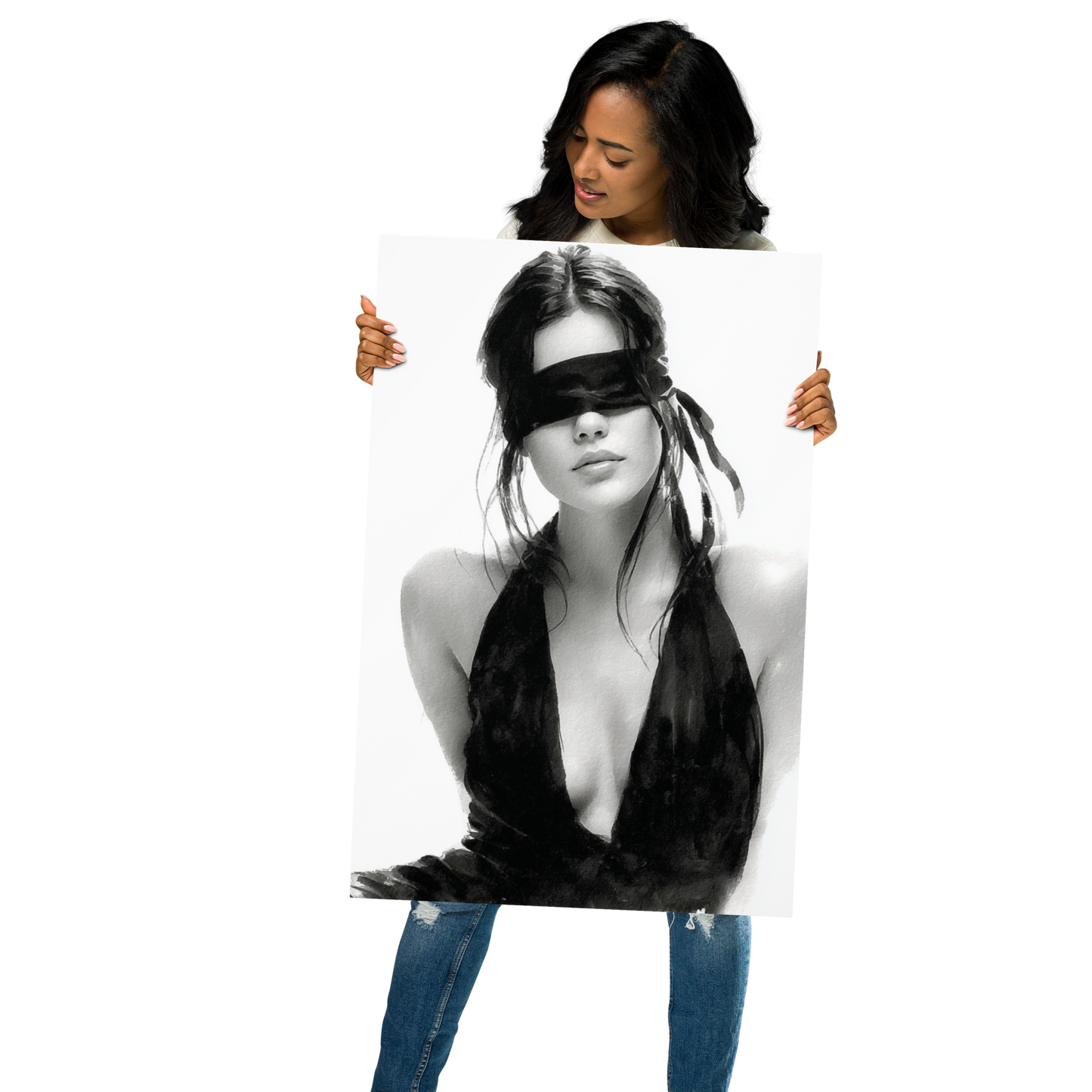 Silk & Shadows – Elegant Blindfold Fashion Sketch Poster