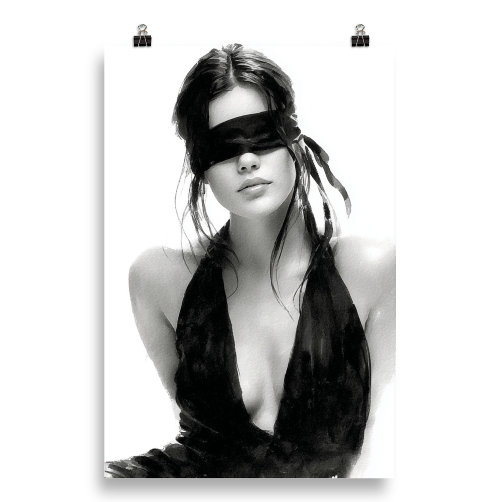 Silk & Shadows – Elegant Blindfold Fashion Sketch Poster
