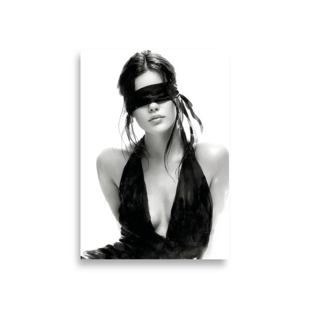 Silk & Shadows – Elegant Blindfold Fashion Sketch Poster