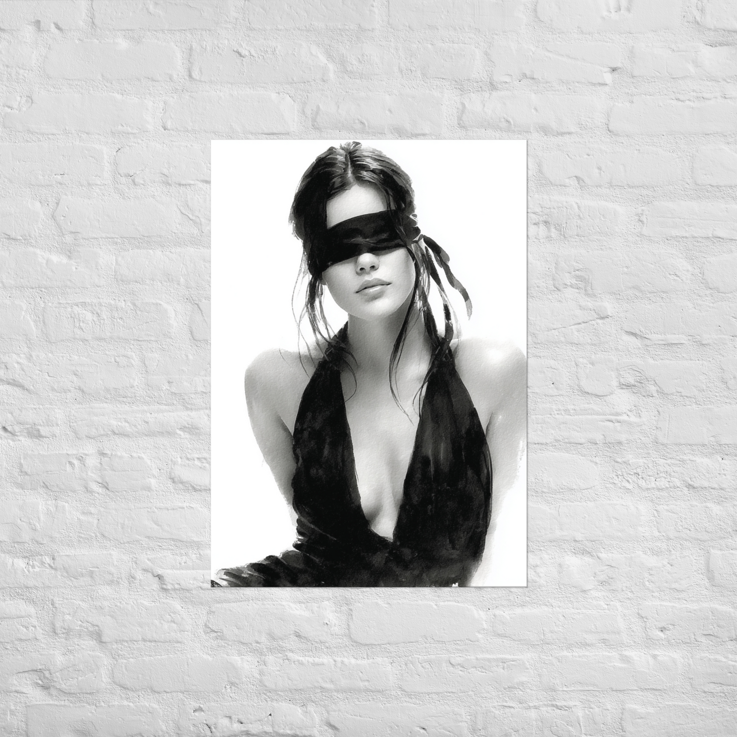 Silk & Shadows – Elegant Blindfold Fashion Sketch Poster