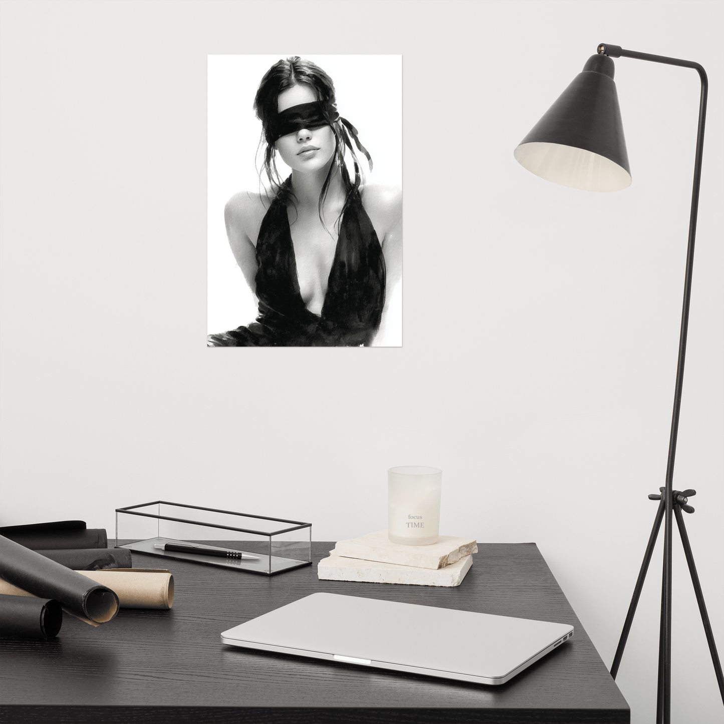 Silk & Shadows – Elegant Blindfold Fashion Sketch Poster