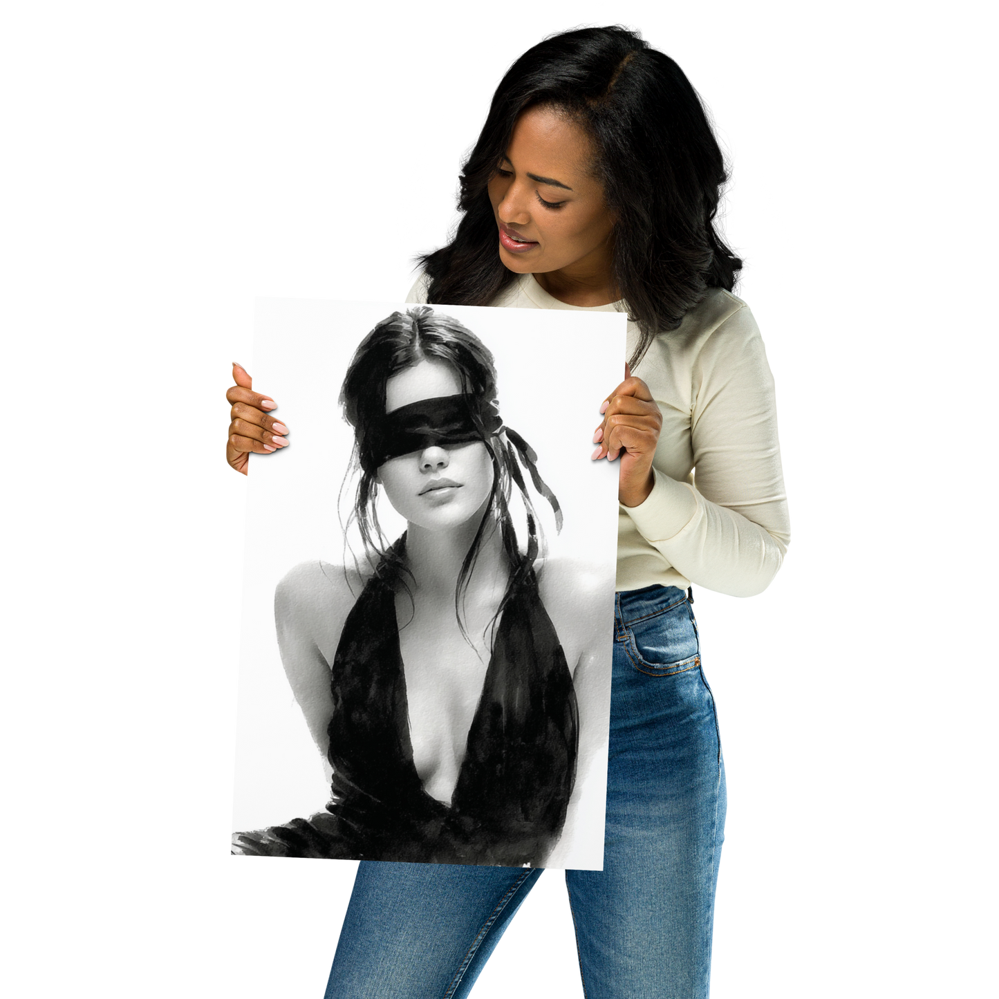 Silk & Shadows – Elegant Blindfold Fashion Sketch Poster