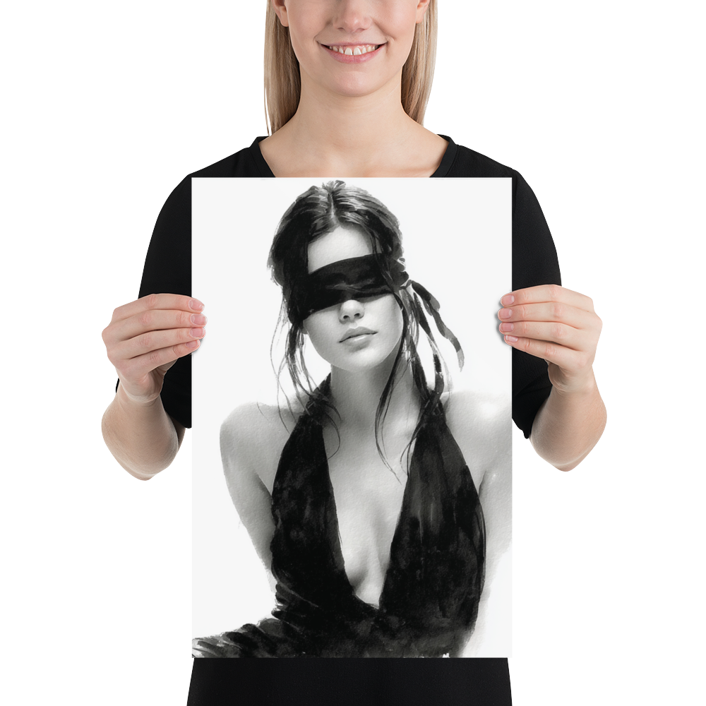 Silk & Shadows – Elegant Blindfold Fashion Sketch Poster