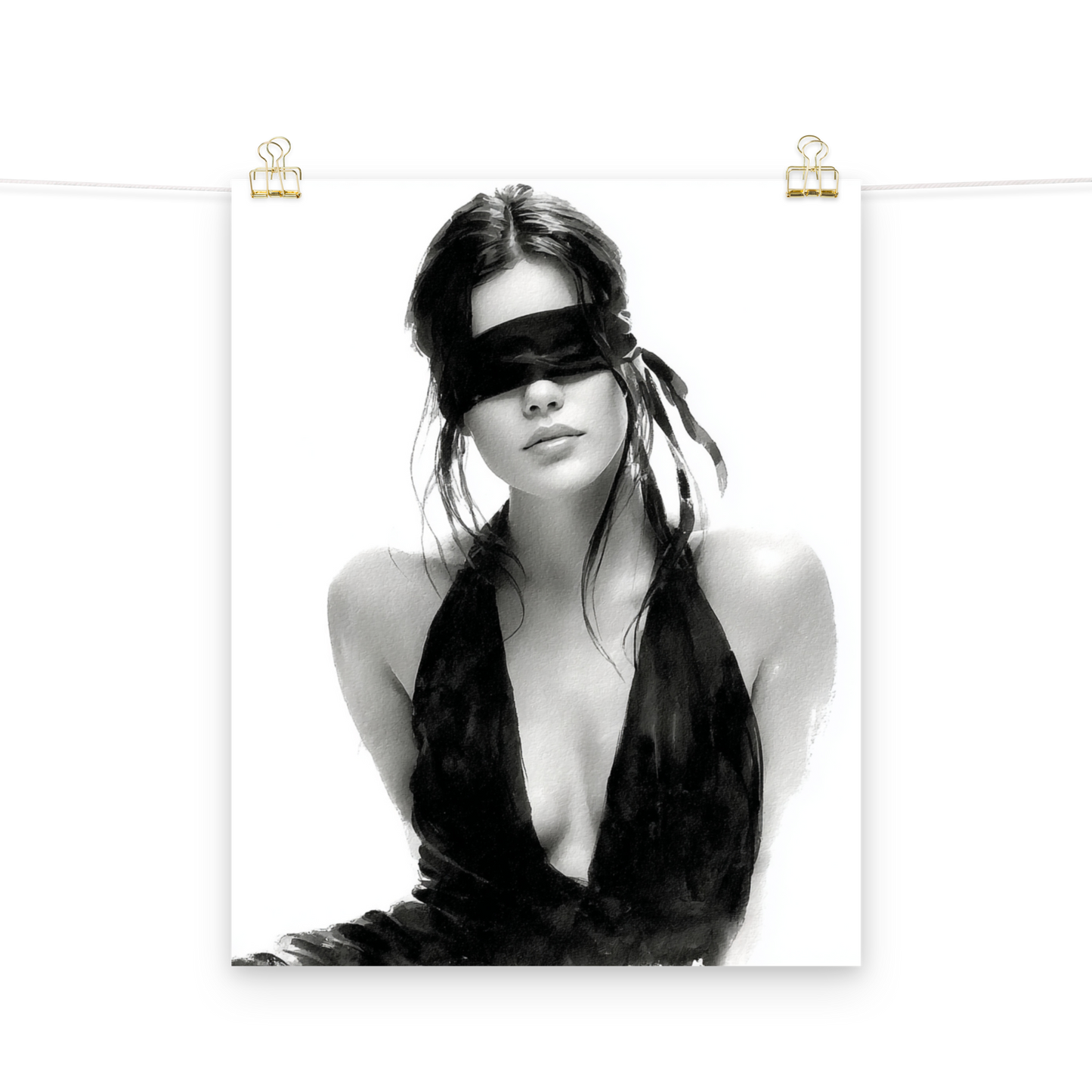 Silk & Shadows – Elegant Blindfold Fashion Sketch Poster