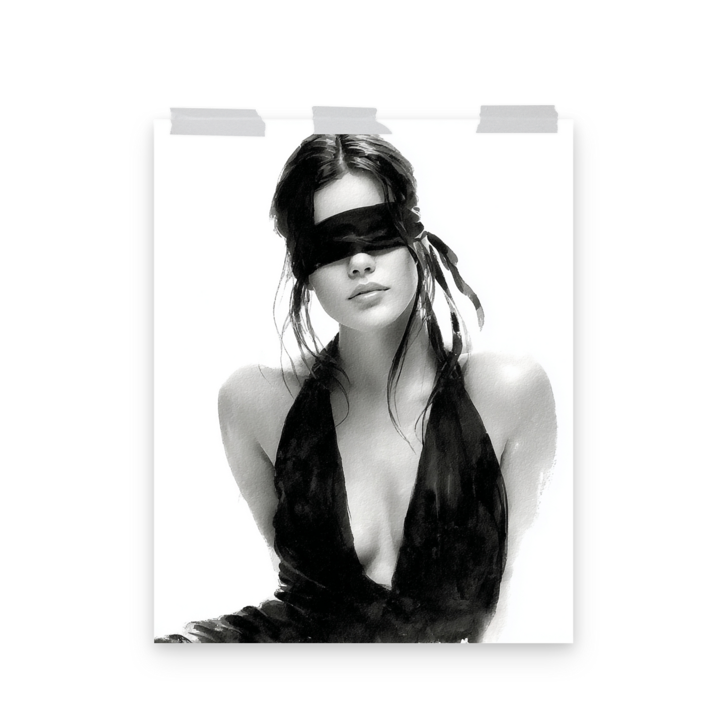Silk & Shadows – Elegant Blindfold Fashion Sketch Poster