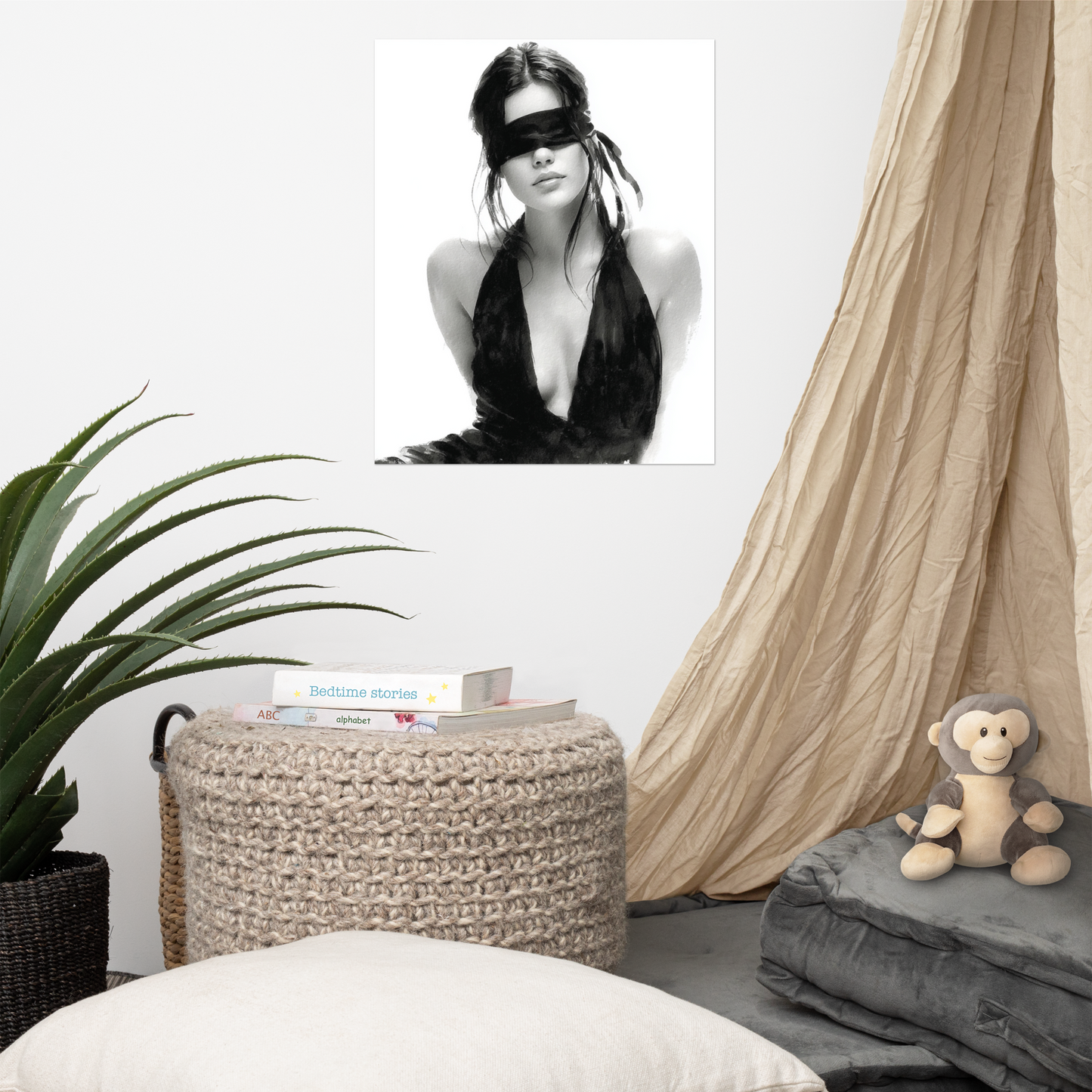 Silk & Shadows – Elegant Blindfold Fashion Sketch Poster