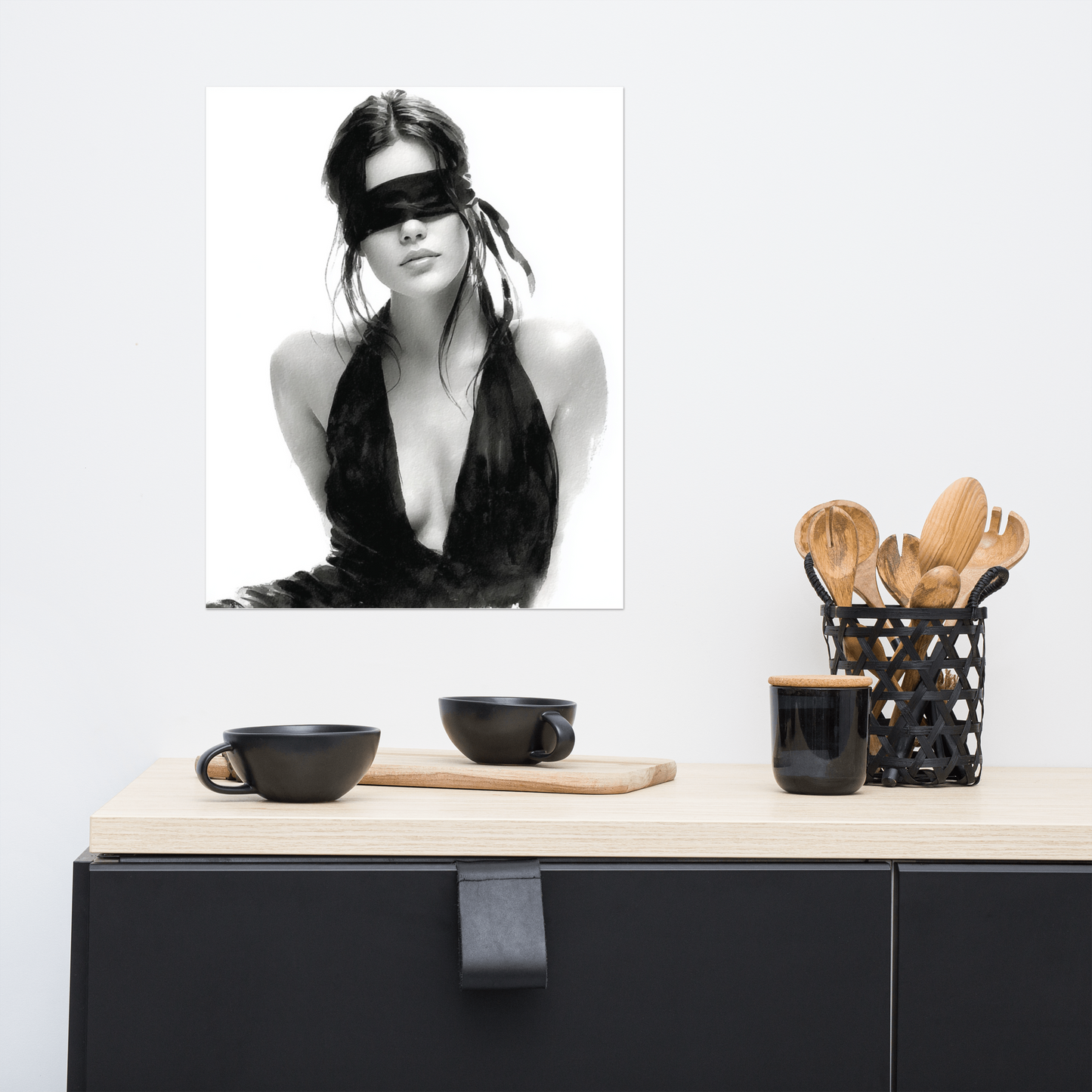 Silk & Shadows – Elegant Blindfold Fashion Sketch Poster