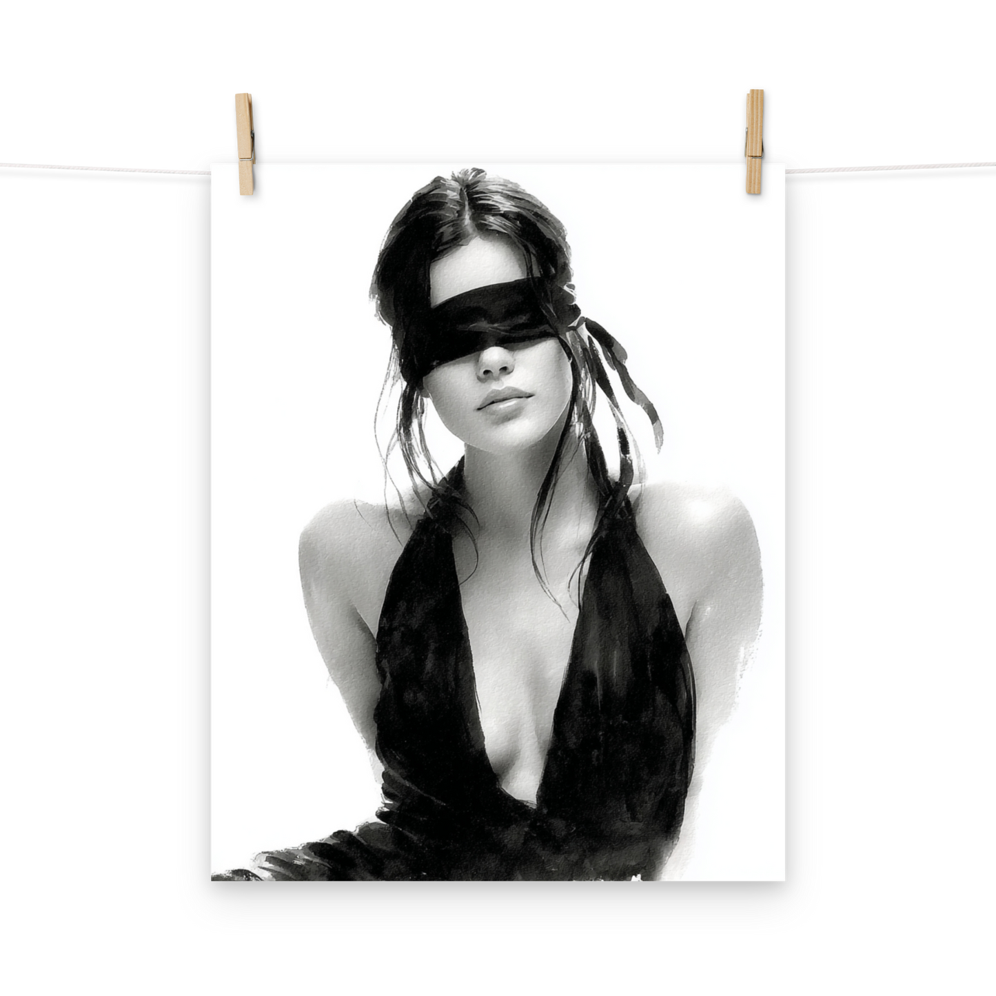 Silk & Shadows – Elegant Blindfold Fashion Sketch Poster