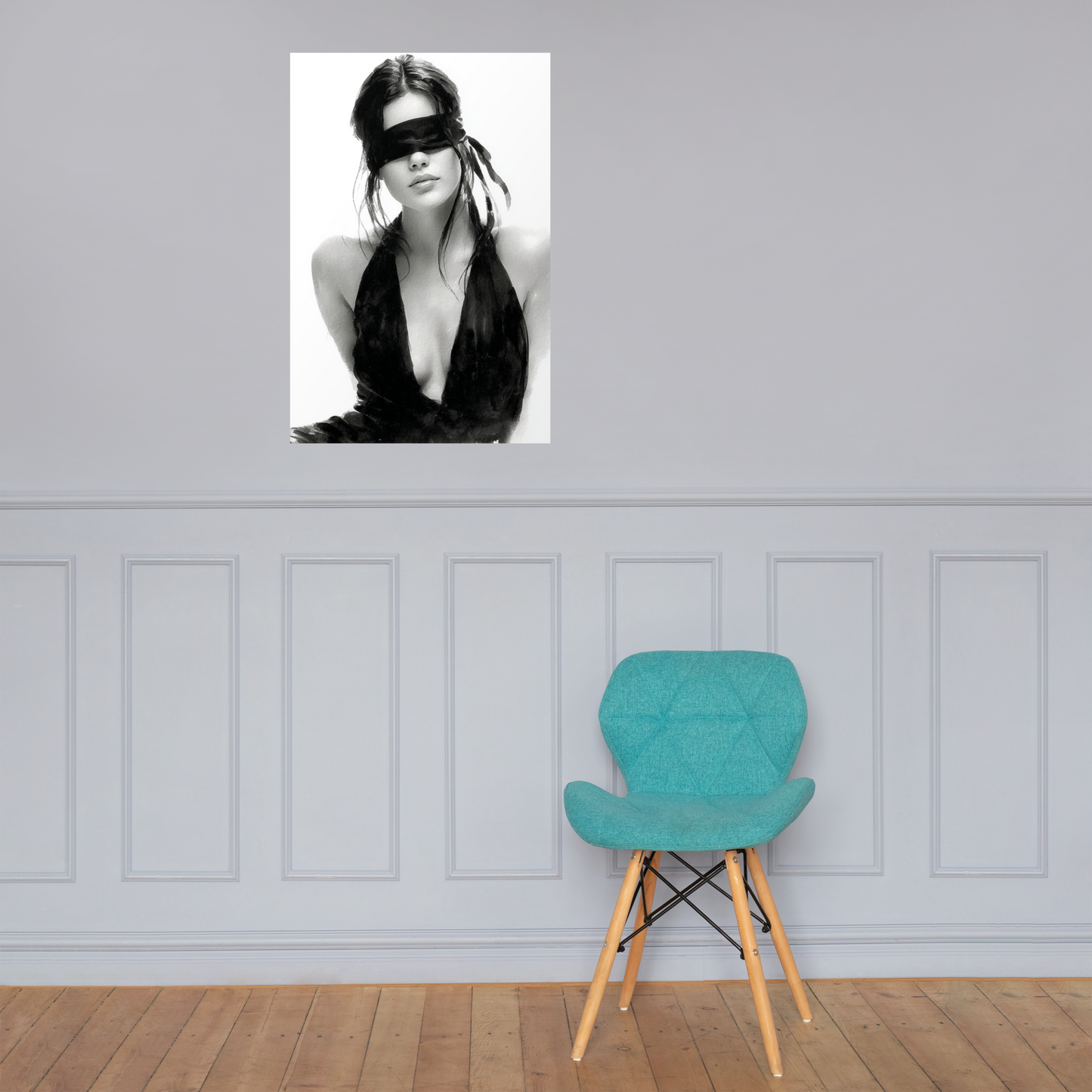 Silk & Shadows – Elegant Blindfold Fashion Sketch Poster